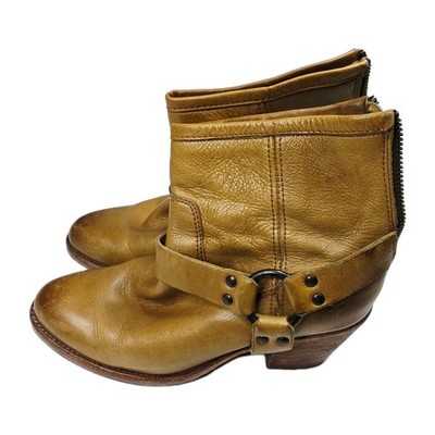 FRYE Women's Tan Leather Harness Ankle Boots Side Zip Stacked Heel Size 8