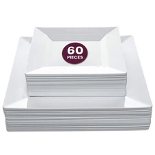 Aya's 60ct White Square Disposable Plates - Heavy Duty Plastic Party Plates f...