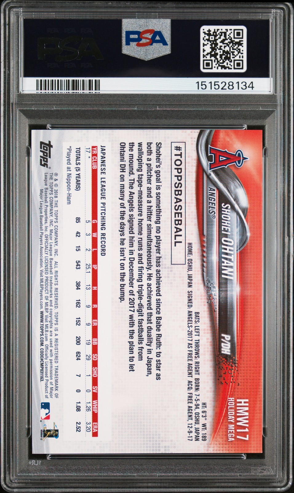 2018 TOPPS HOLIDAY #17 SHOHEI OHTANI ROOKIE RC PSA 10 view 2