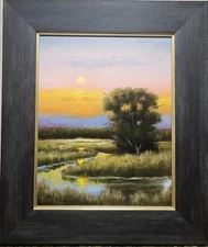 Moonlight on the Marsh, original oil painting, 8"x10" plus frame.