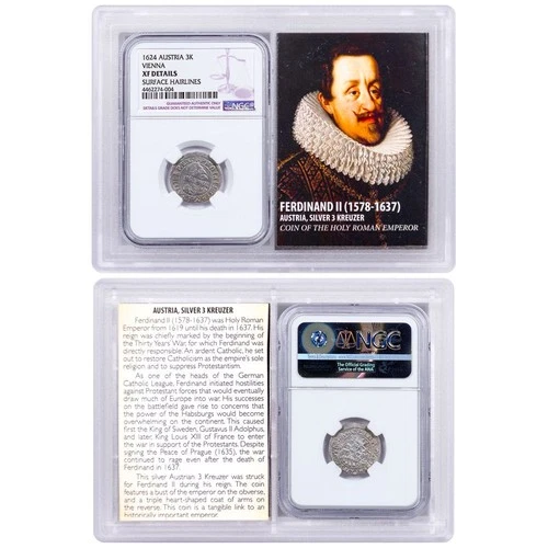1578-1637 Medieval Austria, Silver 3 Kreuzer Ferdinand NGC XF Story Vault