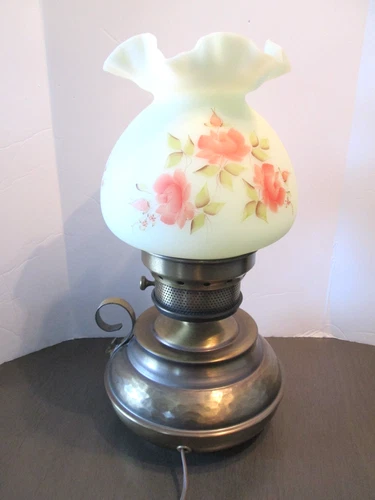 Vintage Fenton Hurricane Lamp Hand Painted Glass By Donna Robinson. Metal Base.