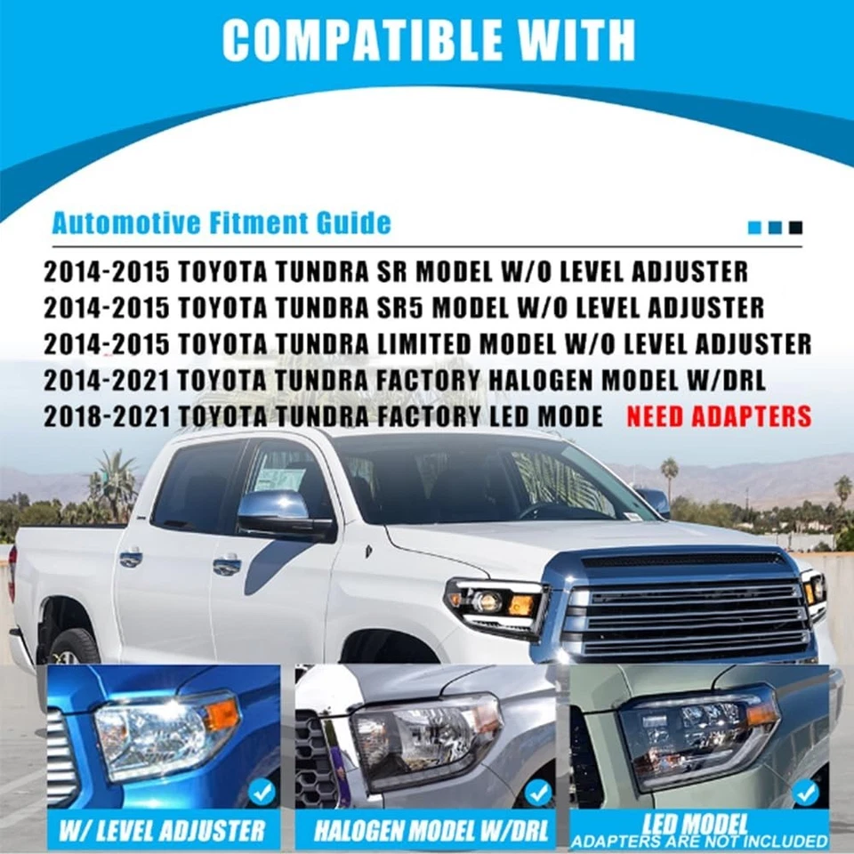 LED DRL Projector Headlights For 2014-2021 Toyota Tundra Black Front Headlamps - Изображение 2 из 4