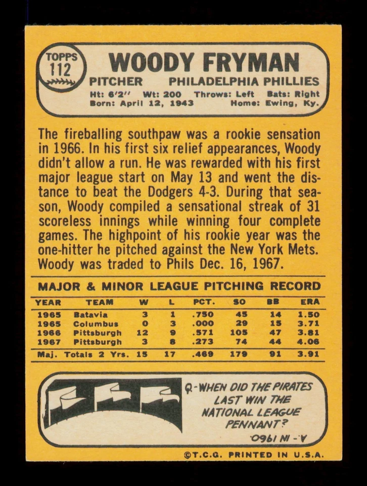 1968 Topps #112 Woody Fryman Philadelphia Phillies - Image 2 of 2