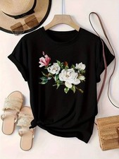 Women Flower Print T Shirt Short Sleeve Graphic T-Shirt Floral Spring Casual Tee
