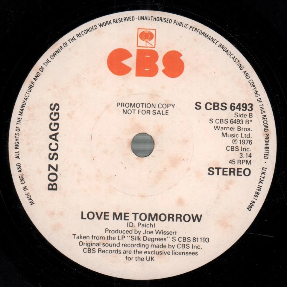 Boz Scaggs It's Over 7" vinyl UK Cbs 1976 Promo b/w love me tomorrow. staining - Image 2 of 2