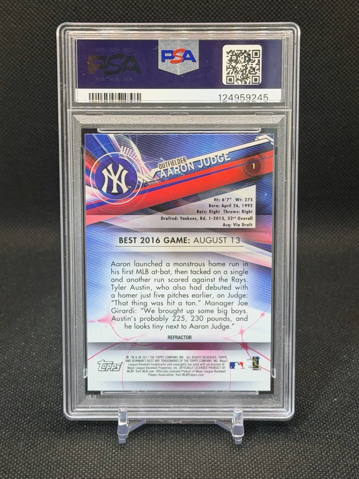 2017 Bowman’s Best Refractor #1 Aaron Judge RC Rookie • PSA 10 Gem Mint view 3