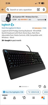 Logitech G213 Gaming Keyboard RGB Backlit Wired USB Mech-Dome Keys Black