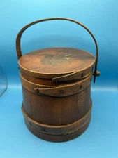 Primitive Antique FIRKIN Wooden Sugar Bucket Squirrel Decoration Tapered VG+++