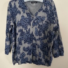 Cable  Gauge Blue/ Floral Cardigan sweater XL Round neck 3/4 sleeve