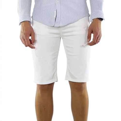 Bermuda Uomo Jeans Pantaloncini Bianco Cotone Slim Fit Corto Strappati |  eBay