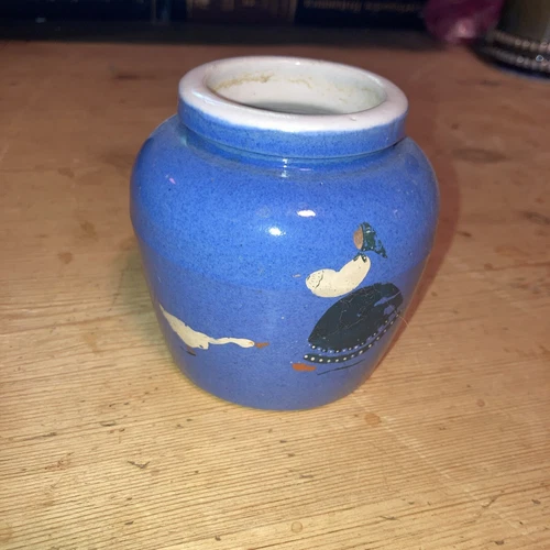 Uhl Pottery Blue Jar With No Lid Bold Details Good Color Overall Goose & Woman
