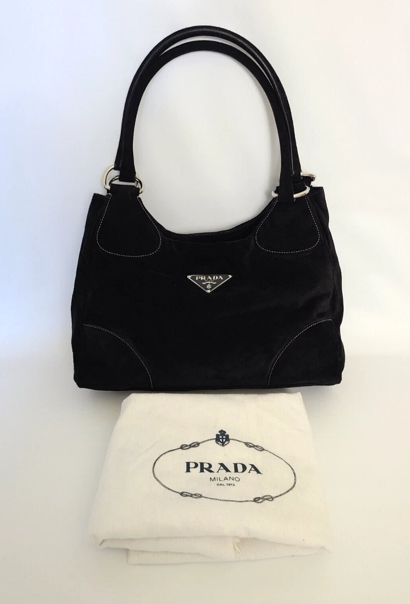 Prada Black Scamosciato Suede Shoulder Bag White Stitching