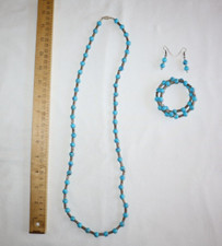 Vintage Beaded Faux Turquoise Silver-Tone Necklace, Wrap Bracelet, Earrings Set