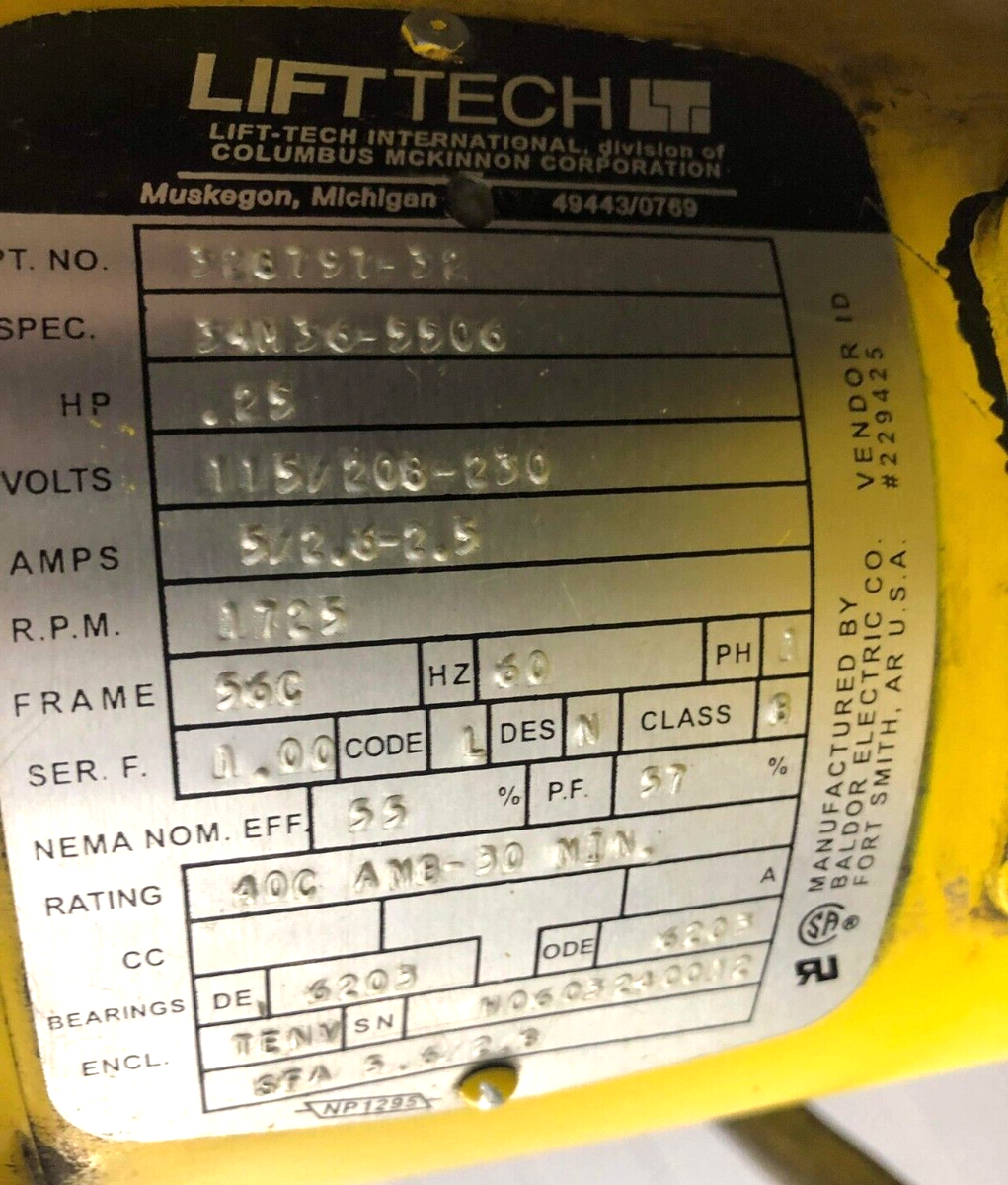 BUDGIT 1/2 TON HOIST W/ TROLLY LIFTECH MAX INPUT HD-333 326797-32