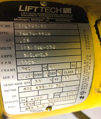 BUDGIT 1/2 TON HOIST W/ TROLLY LIFTECH MAX INPUT HD-333 326797-32