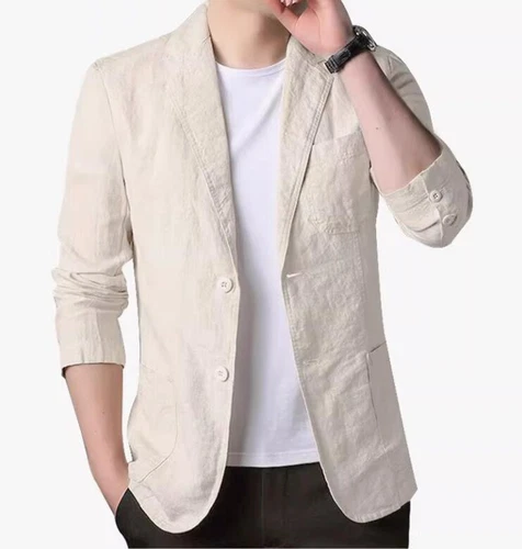 New Men Cotton Linen Suit Jacket Thin Solid Blazer Summer Two Button Casual Coat - Bild 3 von 12