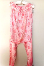 VTG Asian 3 Pc. Pajama Set 60's Jacquard Pink/White Sleepwear Lounge PJ's