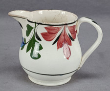British Hand Enameled Red & Blue Floral Blue Trim Pearlware Creamer C.1830-1840s