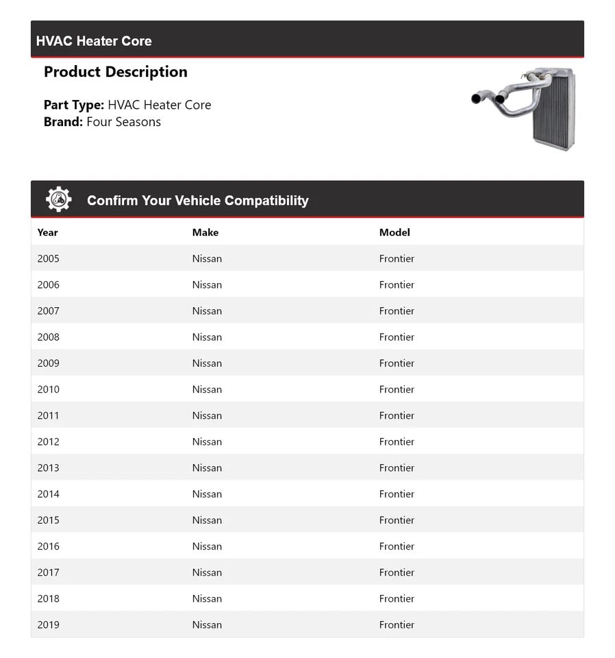 Núcleo de calefacción de climatización Nissan Frontier 2005-2019 4 estaciones 2006 2007 2008 2009 Foto 2 de 4