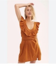 Free People Womens LIara Ruffle Mini Boho Trendy Dress Rust Orange XS
