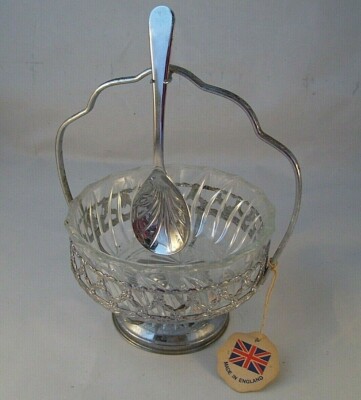 Mayell EP on Steel Silver Basket Glass Insert Spoon Marmalade Jam Dish England