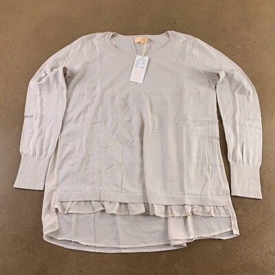 La Cera Womens Georgette Pullover Sweater Beige Long Sleeve High Low L New