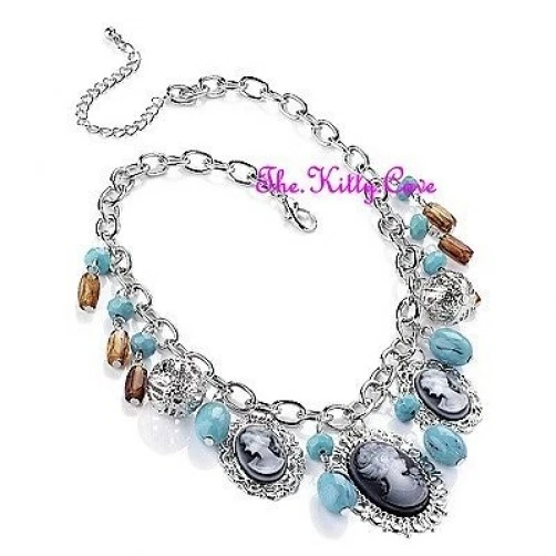 Collar Boho Vintage Chic Plateado Turquesa Ámbar Cuentas Triple Camafeo Dije Foto 4 de 4