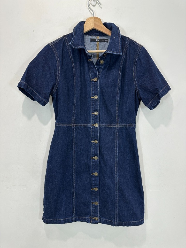 Sportsgirl Denim Mini Dress Women AU 10 Blue Button Up 100% Cotton Short Sleeve