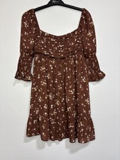 Blue Rain Women's Small Brown Floral Babydoll Mini Dress Smocked Ruffle Feminine