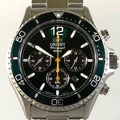 Orient Mako RN TX0204E Solar Green Dial Chronograph Watch Stainless Steel