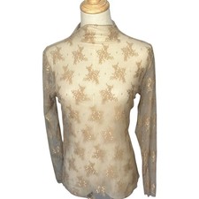 Y2K Womens Lace Sheer Mesh Layering Top Sz M/L Taupe Fairy Whimsigoth Ethereal