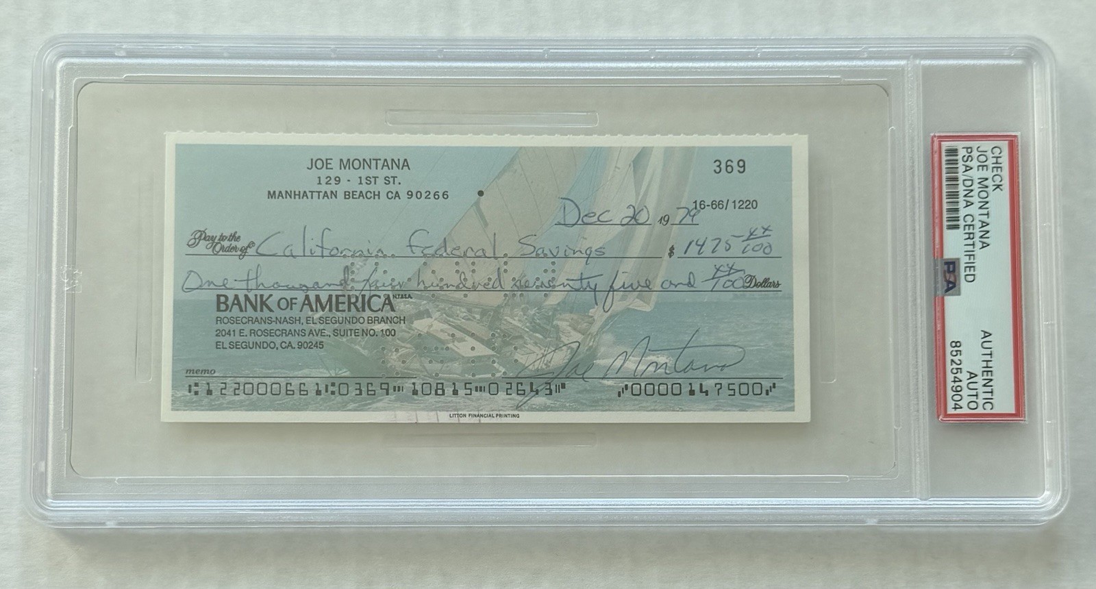 Joe Montana Autographed Personal Check Rookie Year 1979 PSA/DNA Signed Rare!