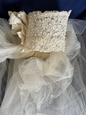 Vintage 1960s Ivory Bridal Wedding Headpiece Crown Lace Pearls Flowers Tulle