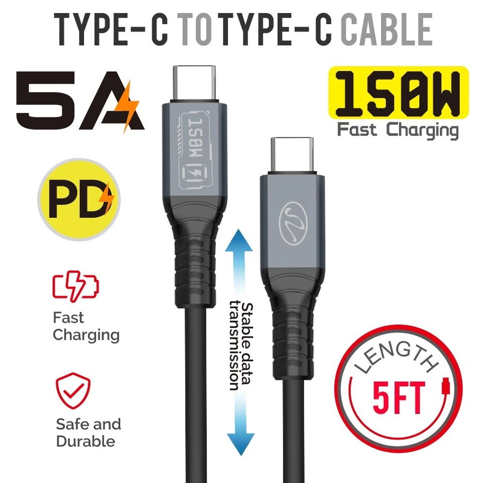 Universal Compatibility Black 5A PD 150W 5Ft USB C to USB C Fast Charging Cable - Image 1 of 4