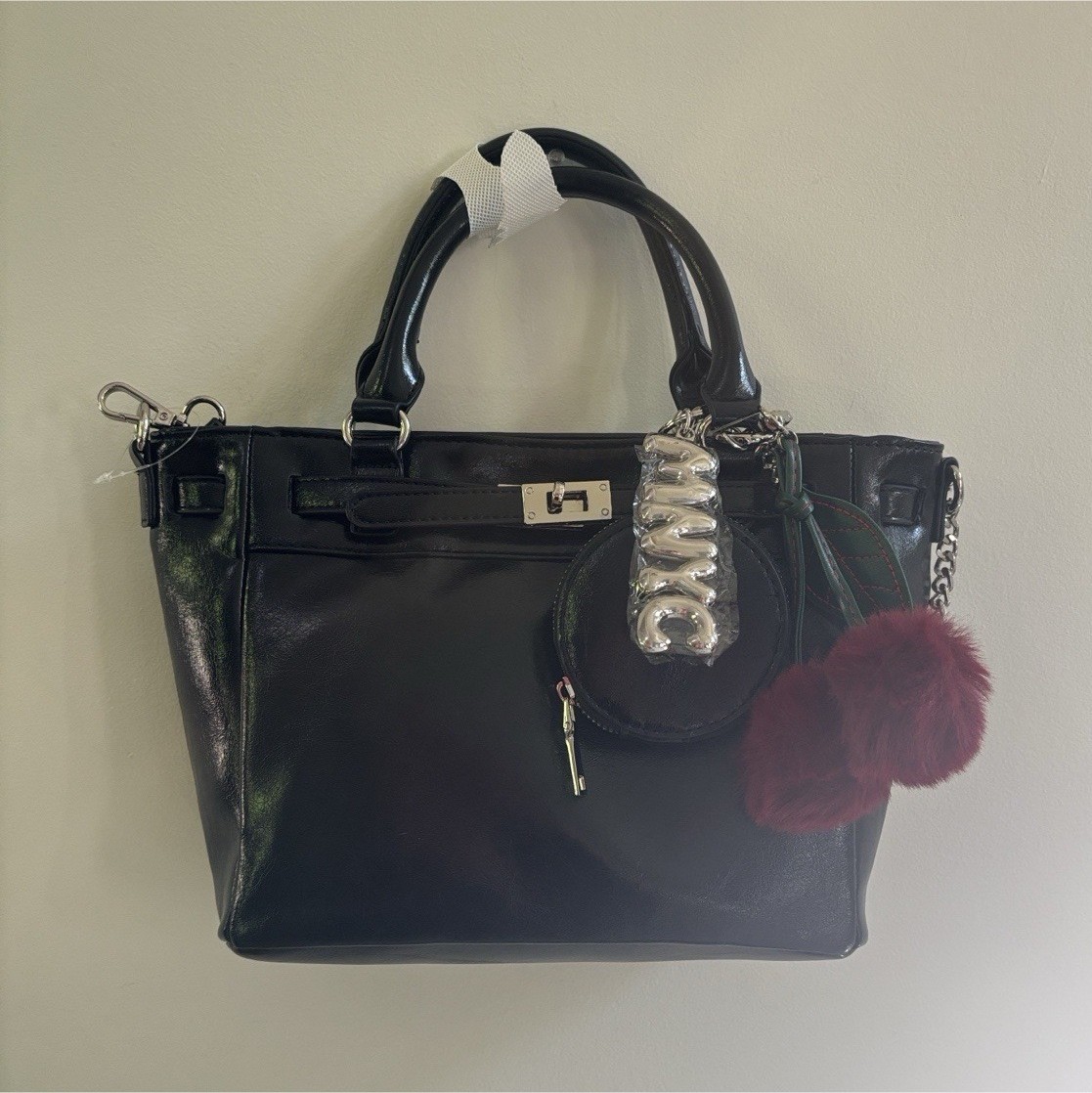 Madden NYC Black Satchel Top Handle Bag Pom Pom Coin Purse Chain Accent