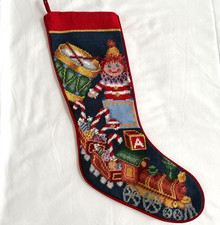 Vintage Needlepoint Christmas Stocking Santa's Gifts Train Toys Candy Canes NEW