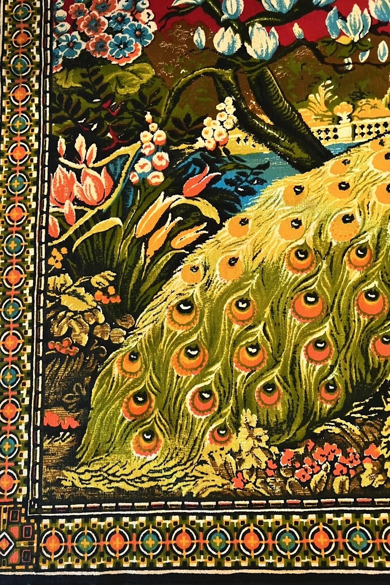 Vintage Tapestry 1970s Wall Hanging Deep Cleaned Peacock 39x54