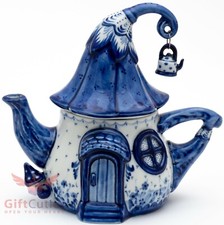 Porcelain Gzhel teapot in shape of a house souvenir handmade Гжель
