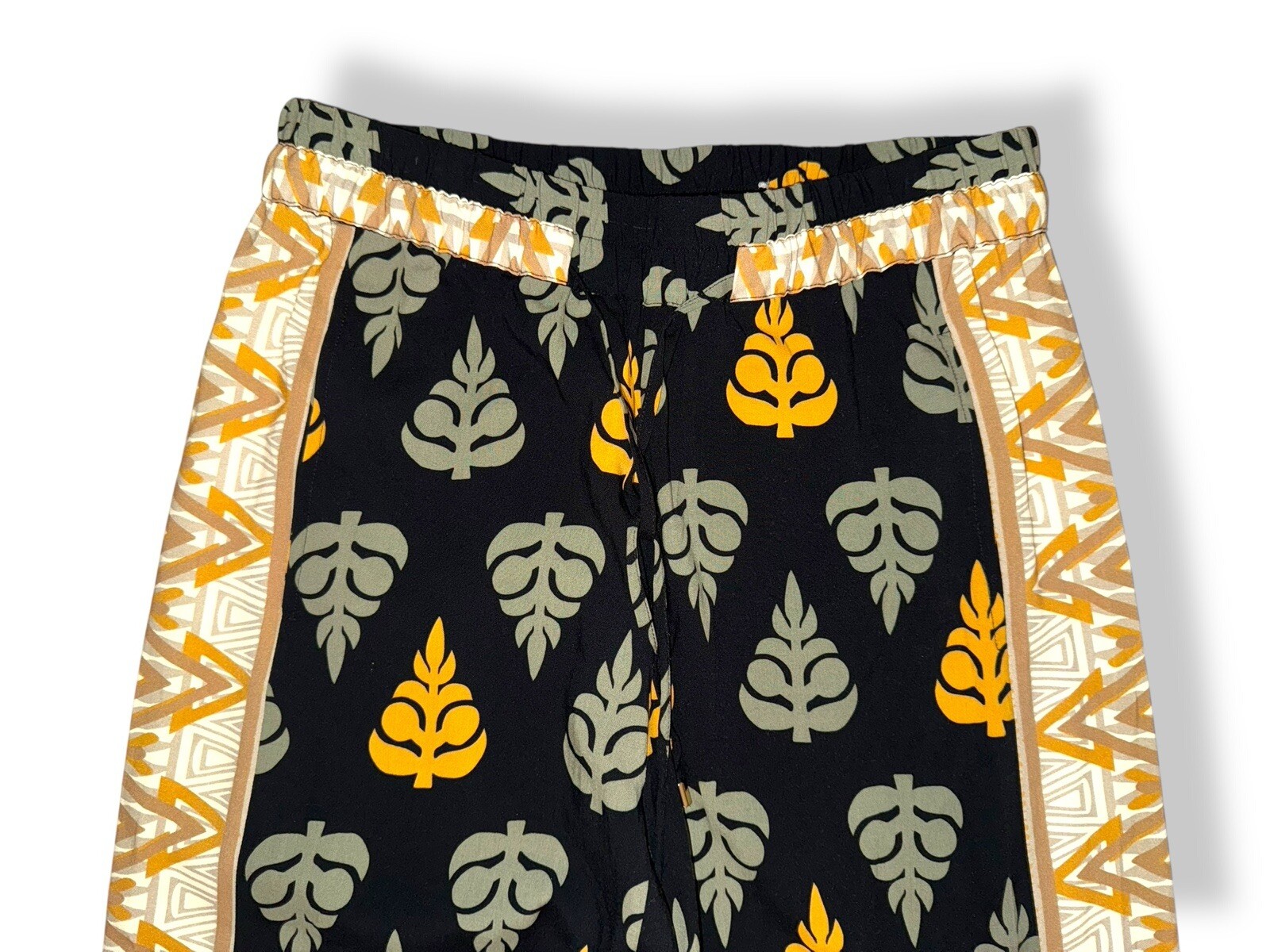 ALTRA Pantalone Palazzo Morbido Dintorni Nero Stampa Foglia Elastico Vita Tg XS NUOVO SENZA ETICHETTE