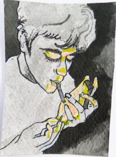 Man with a Cigarette Painting ACEO Art Card Miniature Ooak Acrylic black white - Picture 1 of 5
