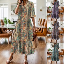 Plus Size Women Summer Floral V Neck Long Maxi Dress Holiday Swing Sundress