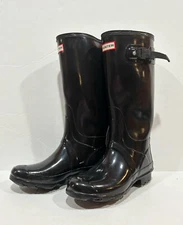 Hunter Original Tall Rain Boots Black Gloss Buckle Strap Size Women's 7 Men's 6