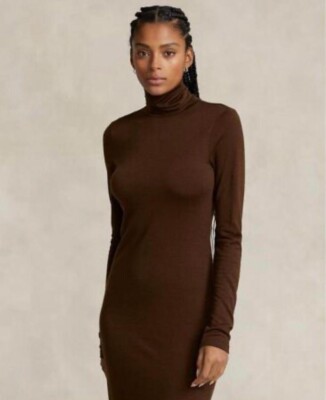 Ralph Lauren Women's Wool-Blend Jersey Turtleneck Midi Dress - Size M in Dark Brown