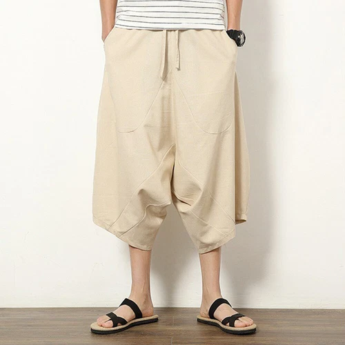 Men Linen Capri Wide Leg Pants Shorts Drop Crotch Harem Trousers Crop Loose - Bild 8 von 23
