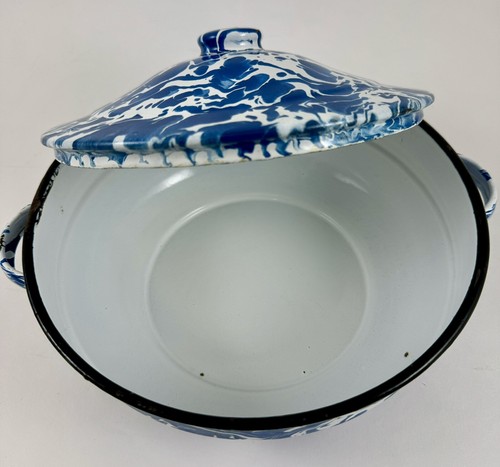 Vintage blau Swirl Emaillegeschirr Granitgeschirr Topf mit Deckel und Griffen - Bild 8 von 10