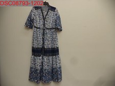 Women's White with Blue Floral Designs Button Front Tie Waist Dress, Size L