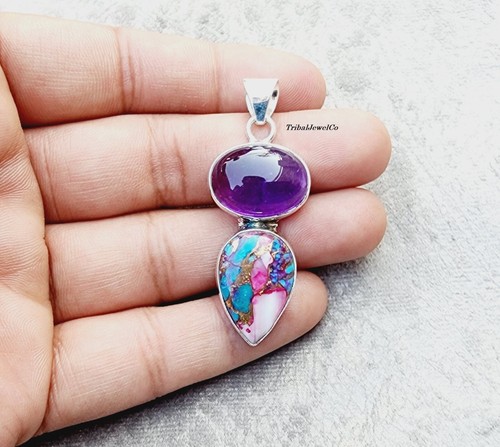 925 Silver Sterling Pink Oyster & Amethyst Pendant Handmade Item Gemstone Gift - Picture 7 of 10