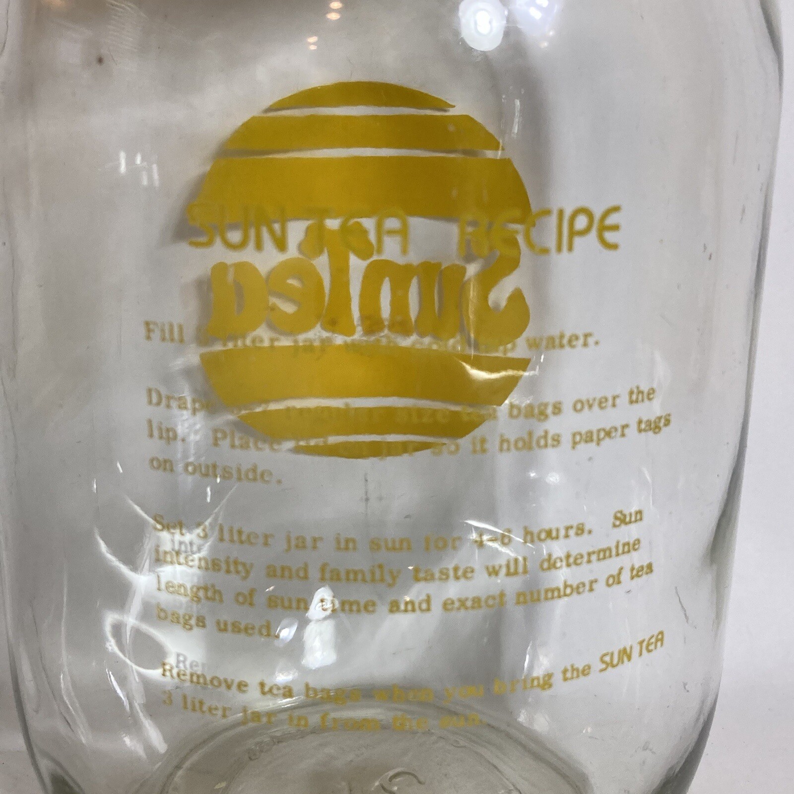 Vintage SUN TEA Gallon 3L Glass Jug Sun Tea Jar Yellow Recipe Made In USA 1970s