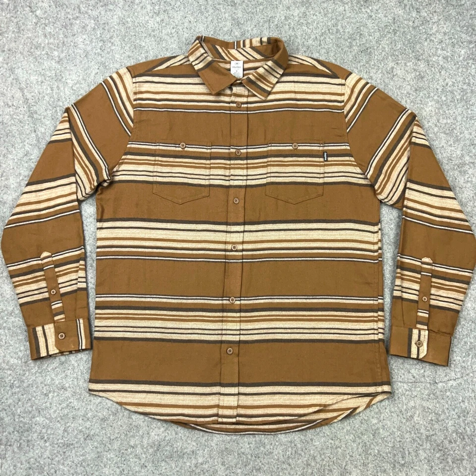 Camisa Hurley Para Hombre Mediana Marrón Rayas Portland Franela Algodón Orgánico Bolsillos Foto 3 de 4